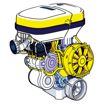 recommend clip art: Realistic  diagram of a three stroke engine outside vector line art engineering drawing