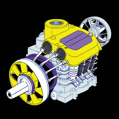 Realistic  diagram of a three stroke engine outside vector line art engineering drawing