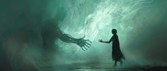 Bring to life the concept of Phantom Limb Sensations in a digital art piece, showcasing a ghostly hand reaching towards a silhouette, blending realism and surrealism