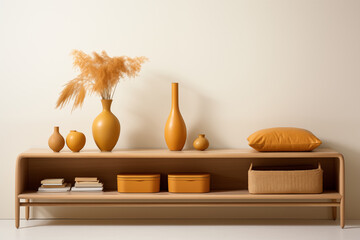 A wooden shelf with a variety of yellow and orange home decor items on it including vases books and a pillow