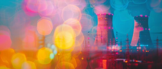Nuclear energy facilities close up, focus on, copy space, vibrant colors, Double exposure silhouette with reactors