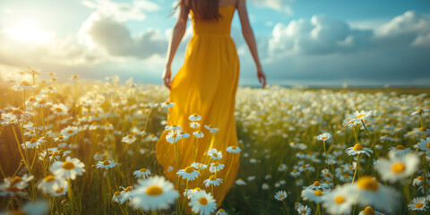 Frau in einem gelben Kleid geht in einem Blumenfeld
