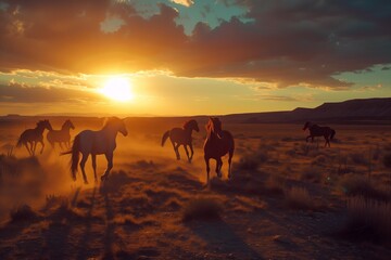 several wild horses are running across the desert
