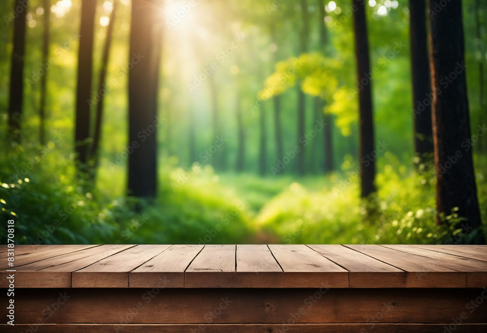 Aufkleber wood table and green forest bokeh blurred background for nature