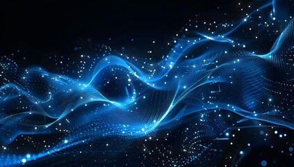 Fototapeta premium Abstract blue wave background with glowing dots and lines, dark blue background, AI generative text 