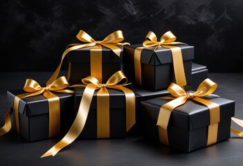 sophisticated black gift boxes adorned with shimmering golden ribbons, set against a dark, moody background to evoke a sense of luxury and exclusivity.