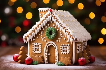 Gingerbread house on table. Defocused lights of Christmas garland. Evening in the living room. Holiday mood. 