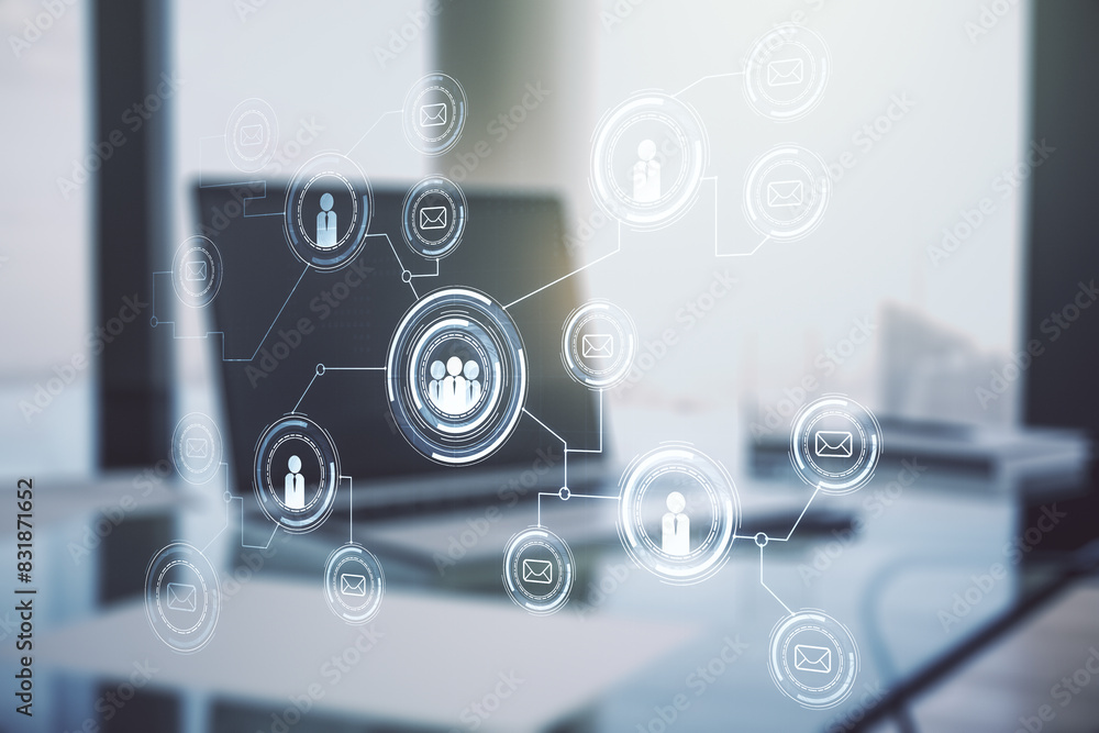 Poster social network media concept with modern computer on background. double exposure