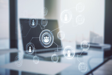 Social network media concept with modern computer on background. Double exposure