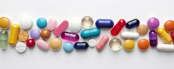 Hyper-realistic close-up of assorted colorful pills and capsules