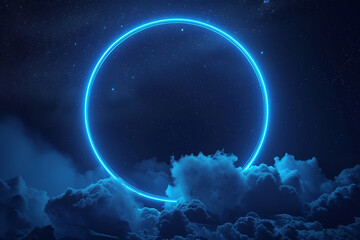 An abstract cloud in a dark night sky framed by a glowing navy blue neon light ring.