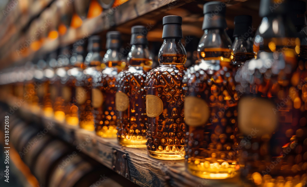 Poster rows of bottles of whisky on shelf in distillery