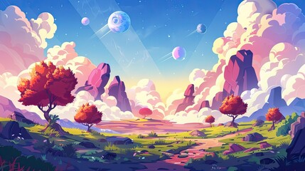 Whimsical cartoon landscape featuring trees, rocks, and planets in the sky, creating a fantastical and imaginative scene.
