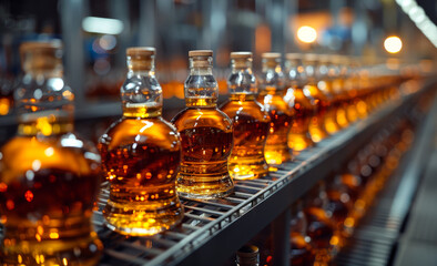 Glass bottles are moving along the conveyor at whisky distillery