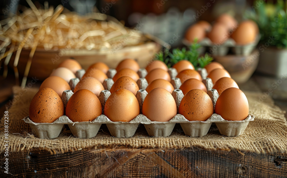 Poster fresh chicken eggs in carton on wooden rustic table. eggs in egg boxes