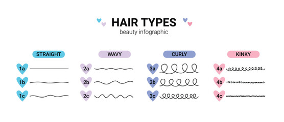 hair types beauty Classification. straight, wavy, curly, kinky. Scheme different types of hair. Curly girl method.