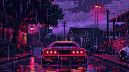 Retro pixel art scene featuring a car on a rainy night in a neon-lit urban street with a nostalgic atmosphere.