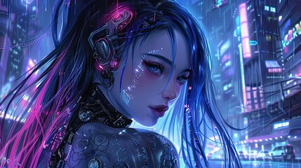 A beautiful cyberpunk girl with long hair, glowing neon eyes and tattoos stands in the city at night