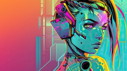 A beautiful cyberpunk girl with headphones and neon colors, cybernetic implants