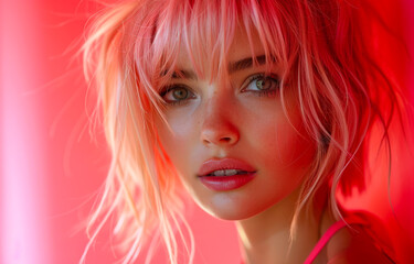 Portrait of beautiful young woman with pink hair. French female model with blond hair