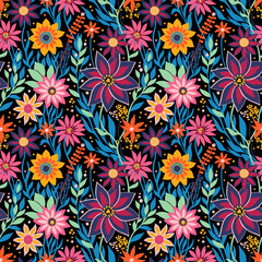 Flower Field Bright Neon Colors on Black Seamless Vector Pattern. Great for Textiles, Surfaces, Wallpapers, Wrapping Paper, Fabrics, Decor Ornament, Scrapbook Craft Paper.