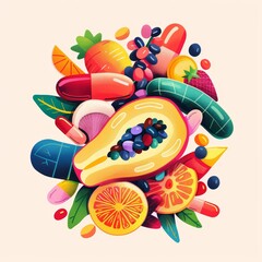 Vitamin tablets with vibrant fruits and vegetables, Healthy Living, Illustration.