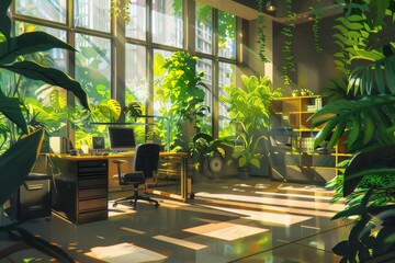 Produce a vibrant, digital illustration of a modern office space filled with lush greenery and natural light streaming in through large windows