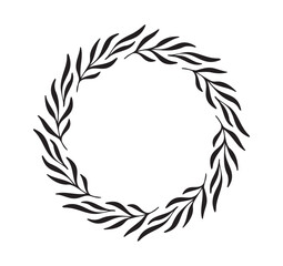 Hand drawn Floral spring wreath isolated white background. Silhouette circle of leaves frame. Doodle style. 