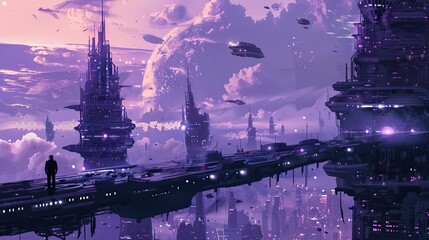 A purple futuristic cityscape with floating islands, spaceships and skyscrapers.