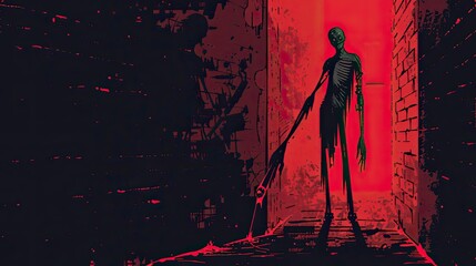A red and black ink illustration of the slenderman standing in an alleyway