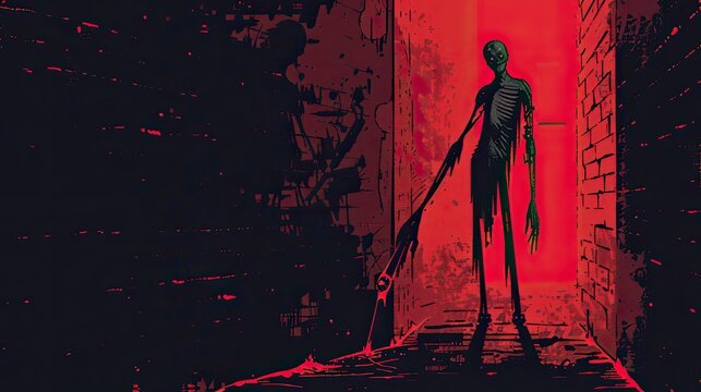A red and black ink illustration of the slenderman standing in an alleyway