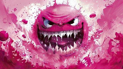A pink gumball with fangs and an evil grin against a pink background