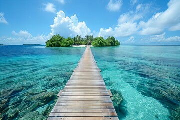 Naklejka premium Wooden pier leading into ocean with distant island
