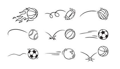  Doodle sport ball trajectory bounce collection. Line hand drawn balls set © Yanka