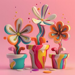 A set of flower pots that look like they’re sprouting abstract thoughts and ideas, with thought bubble shapes and vibrant colors