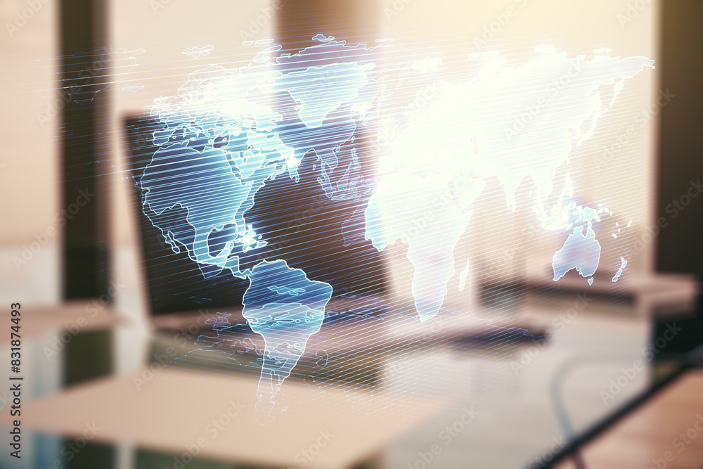 Poster abstract creative digital world map on modern computer background, globalization concept. multiexpos
