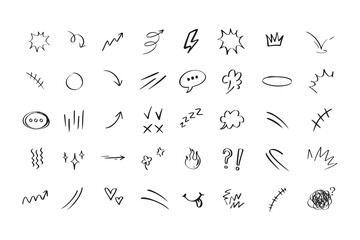 Doodle hand drawn cute cartoon expression sign. Line curve arrows, emoticon elements, symbols