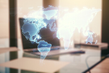 Abstract creative digital world map on modern computer background, globalization concept. Multiexposure