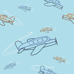 Editable Outline Cartoon Style Airplanes Vectorised Illustration Seamless Pattern for Creating Background and Decorative Element of Transportation Related Design