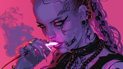 Naklejka premium A cyberpunk girl with tattoos and piercings is smoking an electronic cigarette
