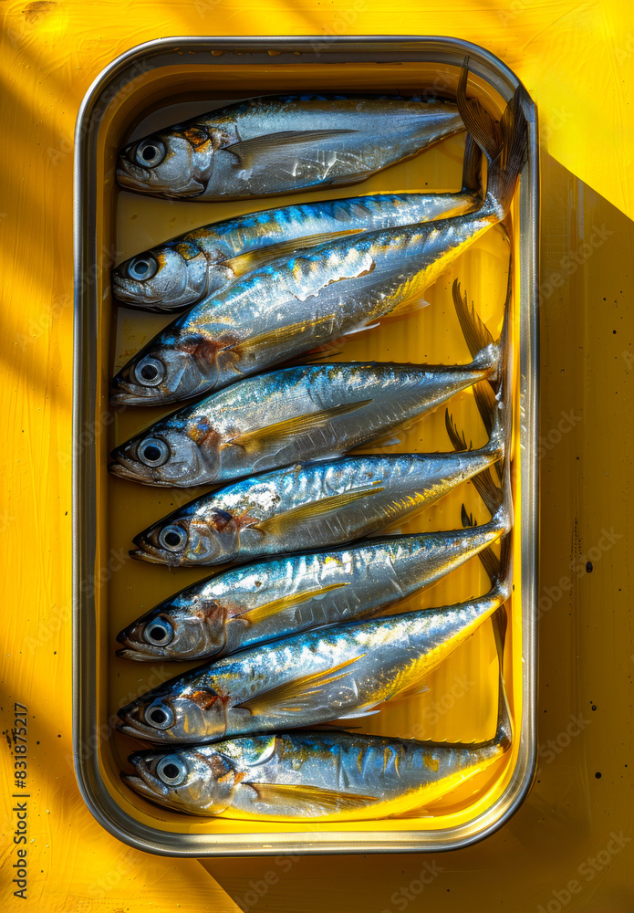 Poster fresh sardines in tin can on yellow background. sardines in an open can