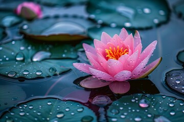 A floating pink flower in pond