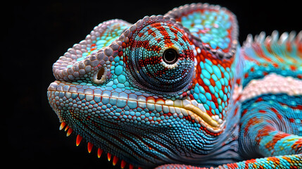 Fototapeta premium A close-up view of a vibrant chameleon against a black background, showcasing its colorful scales and intricate patterns