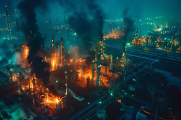 Obraz premium A major fire broke out at the oil refinery on early morning. aerial shot, vibrant color grading, tilt-shift effect, horror film screencap