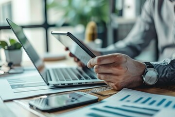 Person using cell phone and laptop at desk