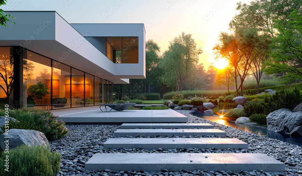 Wall mural modern house with garden and sunset view to the lake. modern luxury home - Wall murals