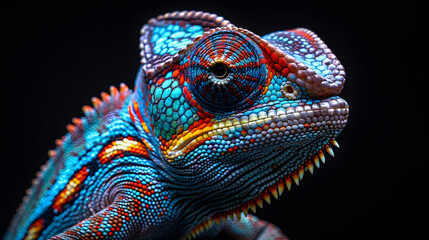 A close-up view of a vibrant chameleon against a black background, showcasing its colorful scales and intricate patterns