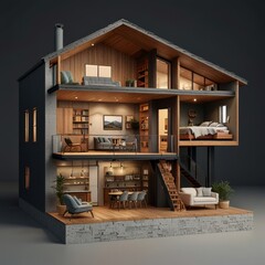 Modern home cross section, 3d rendering minimalist