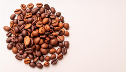 Fototapeta premium Above a stack of coffee beans on a white backdrop, there is ample space for text design in a simple layout