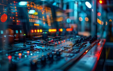 Advanced heavy machinery in factories close up, focus on, copy space, vibrant colors, Double exposure silhouette with control panels